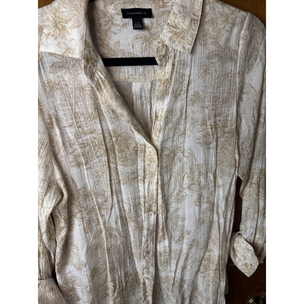 Tamara H. Womens Tan White Safari Toile Leopard Print Button Down Blouse Size M